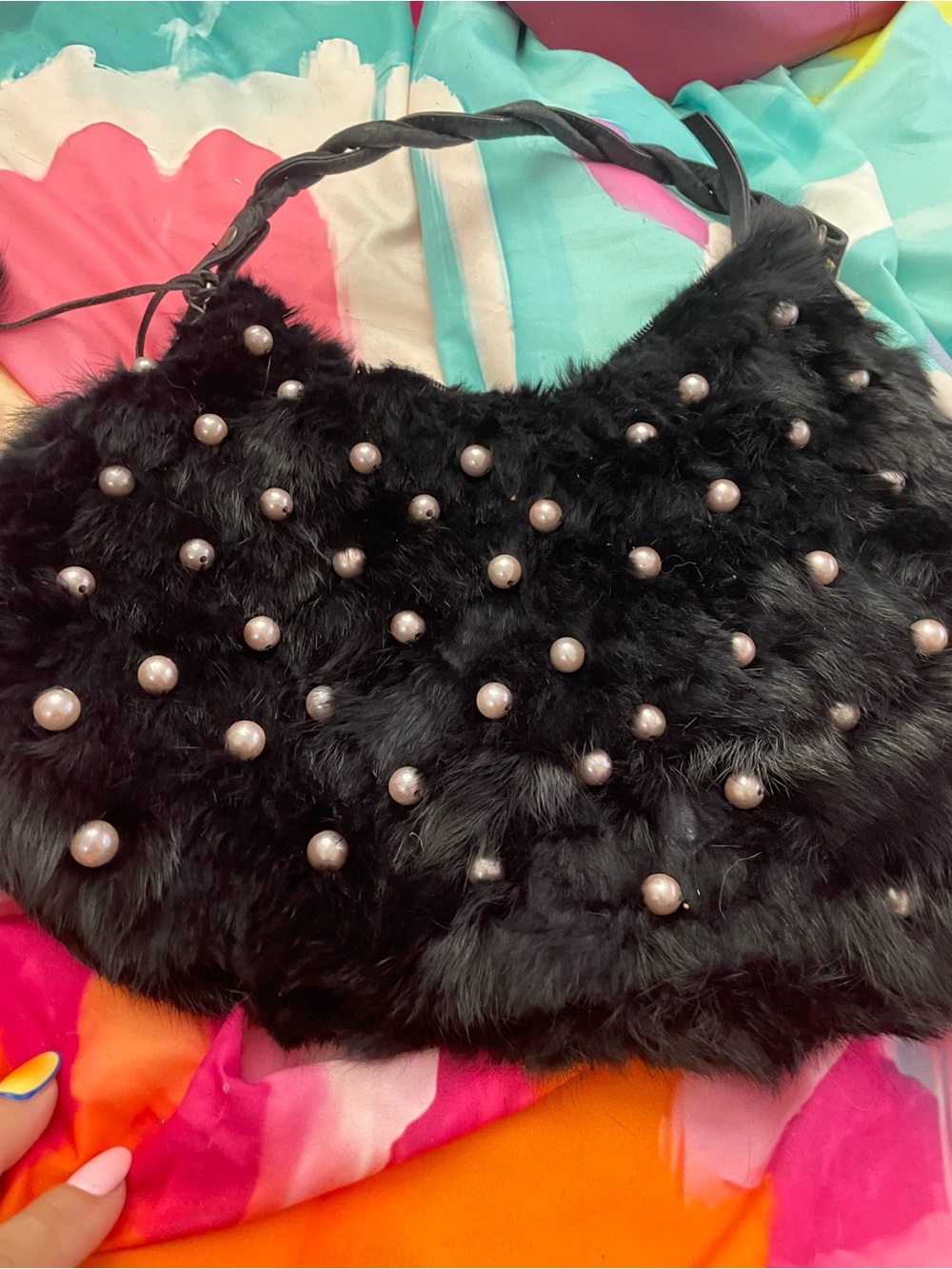 Source Unknown Black Faux Fur Hobo Bag with Pearl Studs